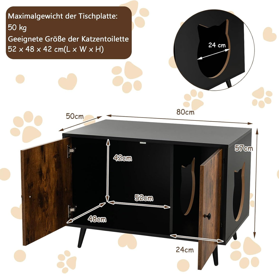 GOPLUS Katzenschrank, Katzenklo Schrank mit Doppeltüren, Trennwand und Katzenlöchern, Katzentoilette