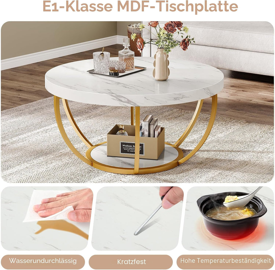 Tribesigns moderner runder Couchtisch, 2-stöckiger Couchtisch mit weissem Marmor und goldenen Metall