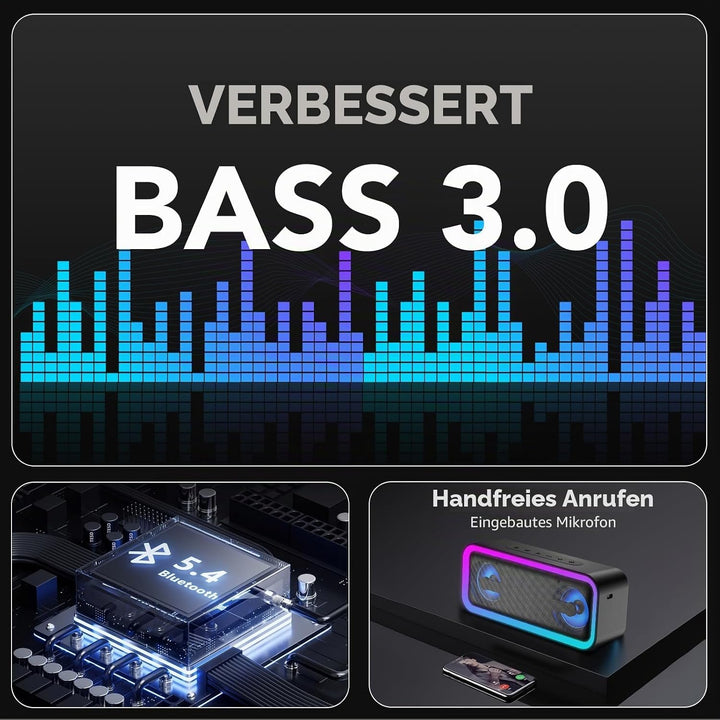 IKT Bluetooth Lautsprecher mit Licht, Musikbox Bluetooth 5.4, 30W Stereo Bass Boost, IPX7 Wasserdich
