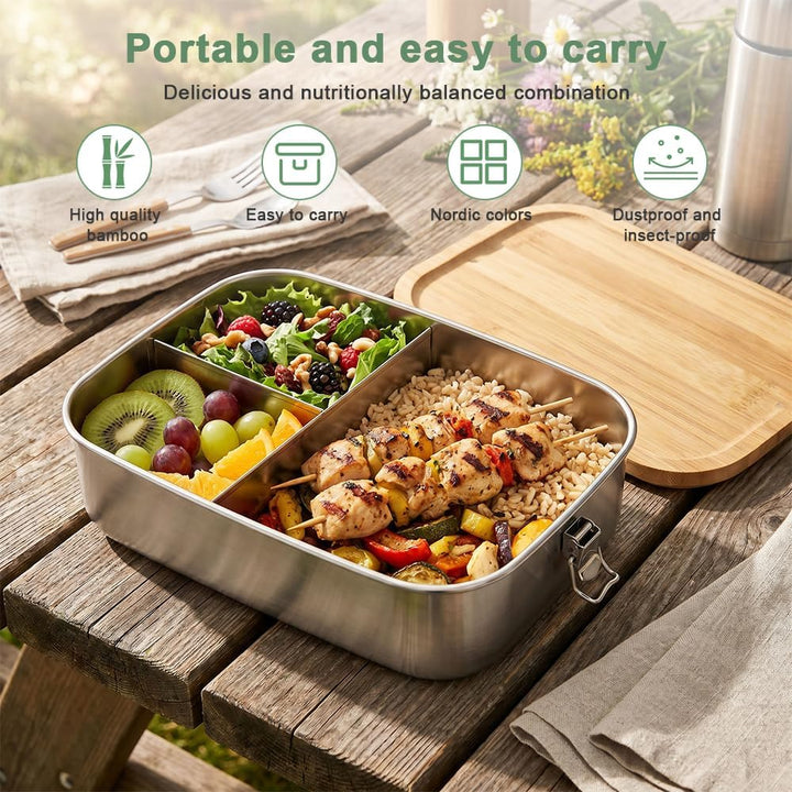 2 Stück Bento Lunchbox für Erwachsene Kinder, 850ML Edelstahl Brotdose mit Holzdeckel&Fächern, BPA-f