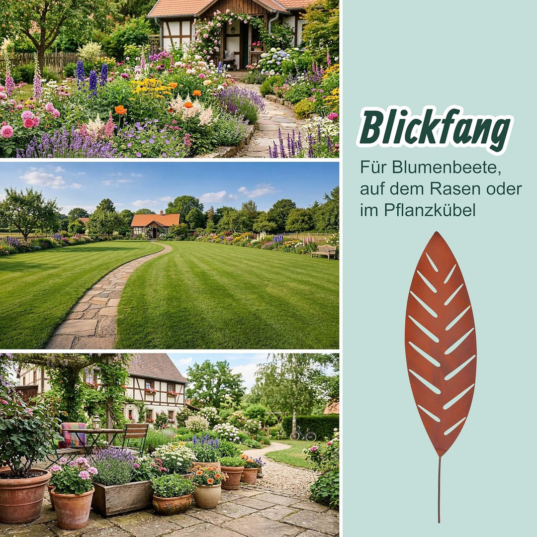 Relaxdays Gartenstecker Palmblatt, 3er Set, Rost, Metall, H: 50–100 cm, Gartendeko, Metallstecker fü
