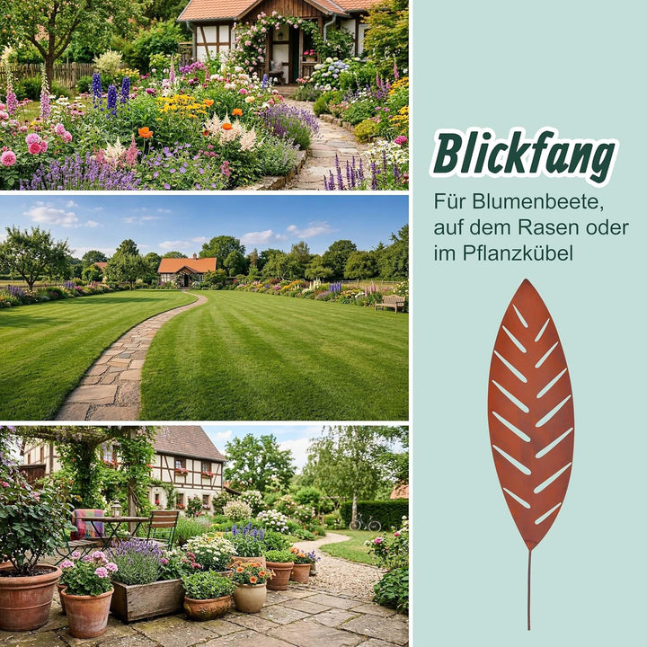 Relaxdays Gartenstecker Palmblatt, 3er Set, Rost, Metall, H: 50–100 cm, Gartendeko, Metallstecker fü