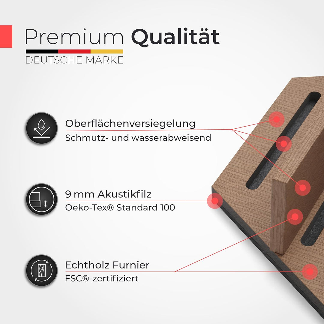 Akustikpaneele Holz Wandregal – Echtholz Walnuss & Akustikfilz Schwarz | Hexagon 65x52cm – Regal & S