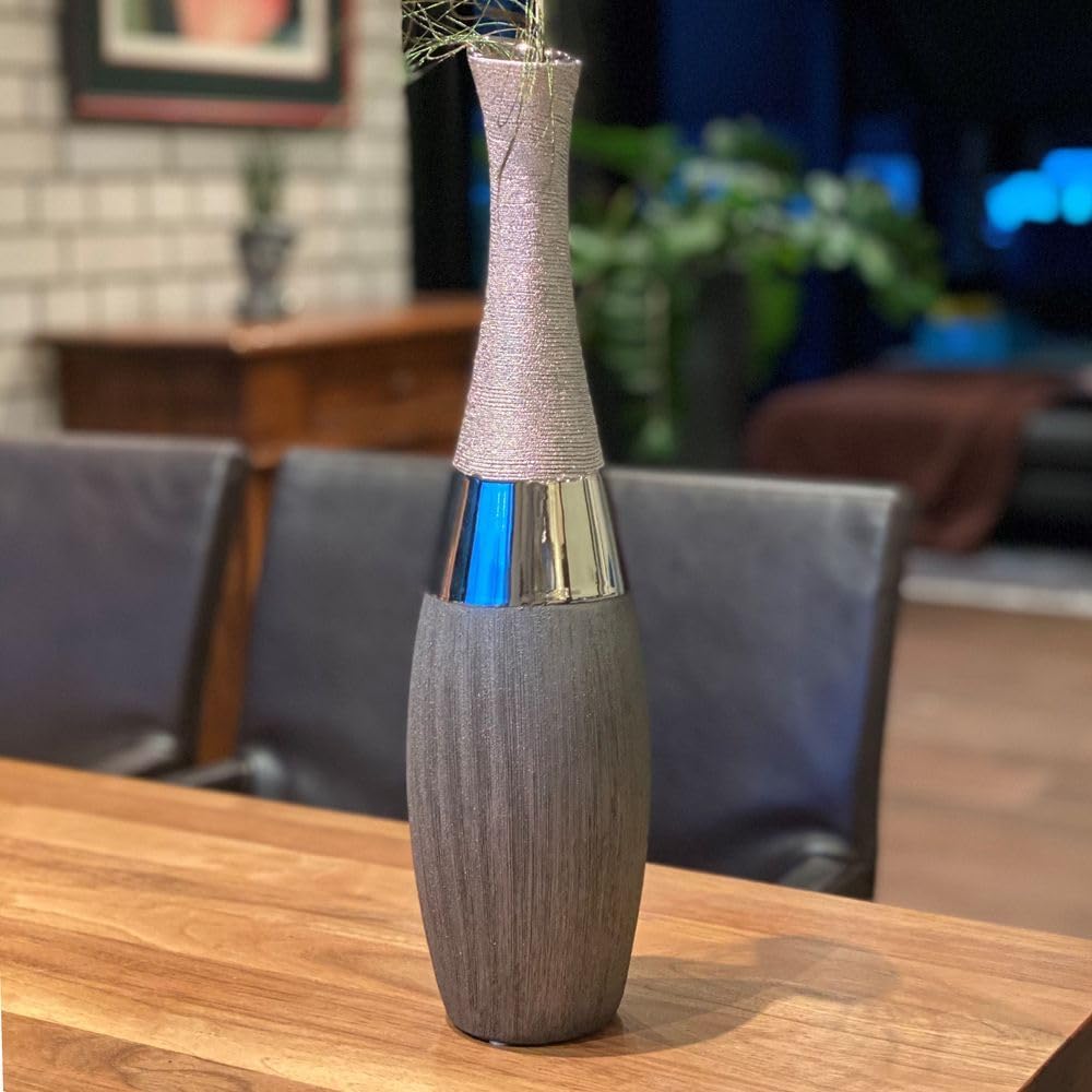 Formano Dekovase hohe Flaschen-Vase Luxor, Höhe ca. 40 cm, Durchmesser der Öffnung 3 cm, Silber-grau
