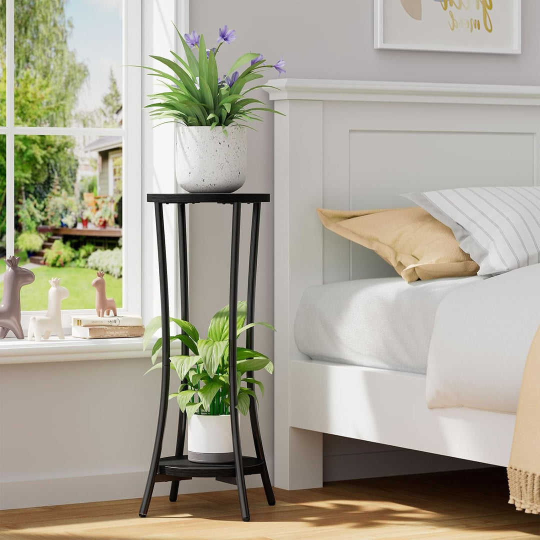 IBUYKE 2 Etagen Pflanzenregal Blumenständer, 76cm Hoch Holz Pflanzenständer, Modern Rounde Blumentop