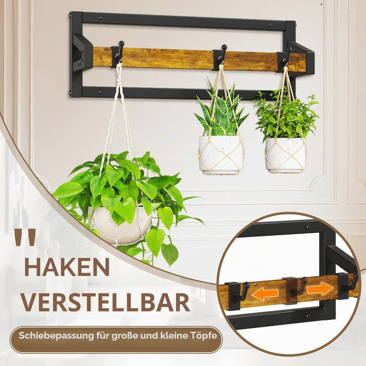 LASZOLA Pack of 2 Plant Stands, Plant Holder Wall with 6 Hanging Hooks, Plant Shelf, Plant Wall Moun