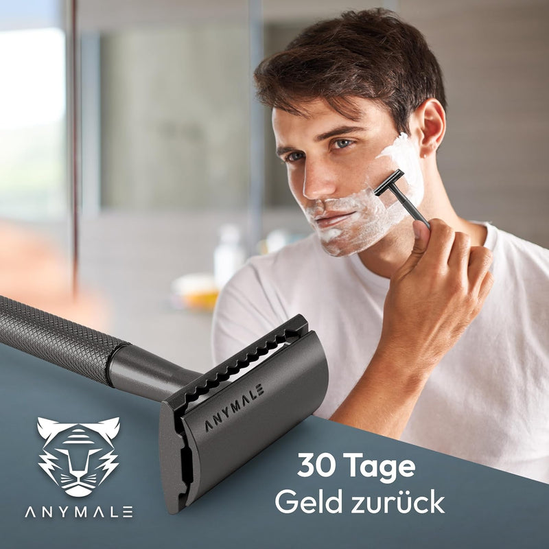 ANYMALE® Rasierhobel Black Edition - Set mit Ständer und 5 ASTRA Klingen - Zero Waste Rasierer für D