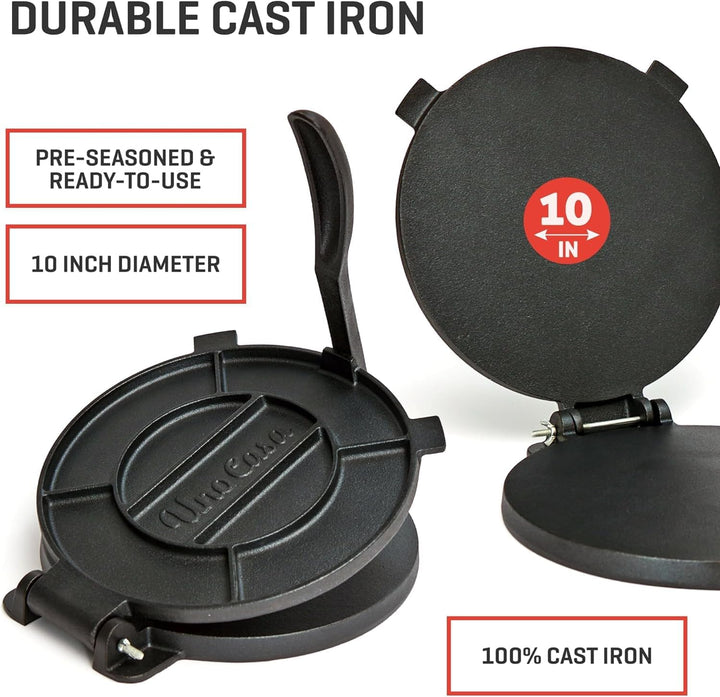 Uno Casa Tortilla Presse 25 cm aus Gusseisen – Taco Presse und Roti Maker - Plus 100 Blatt Backpapie