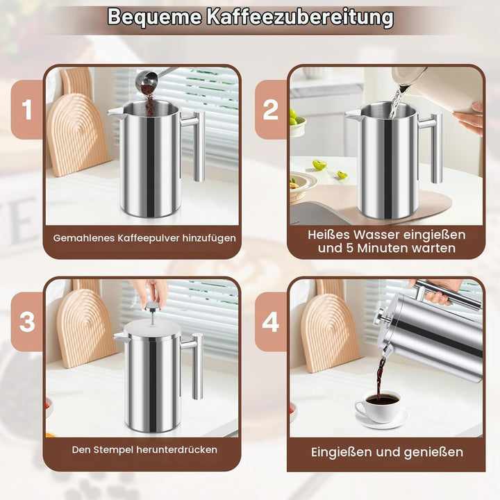 Kaffeebereiter French Press Edelstahl, 1000ml French Press, Doppelwandig Isoliert Kaffeepresse, Kaff