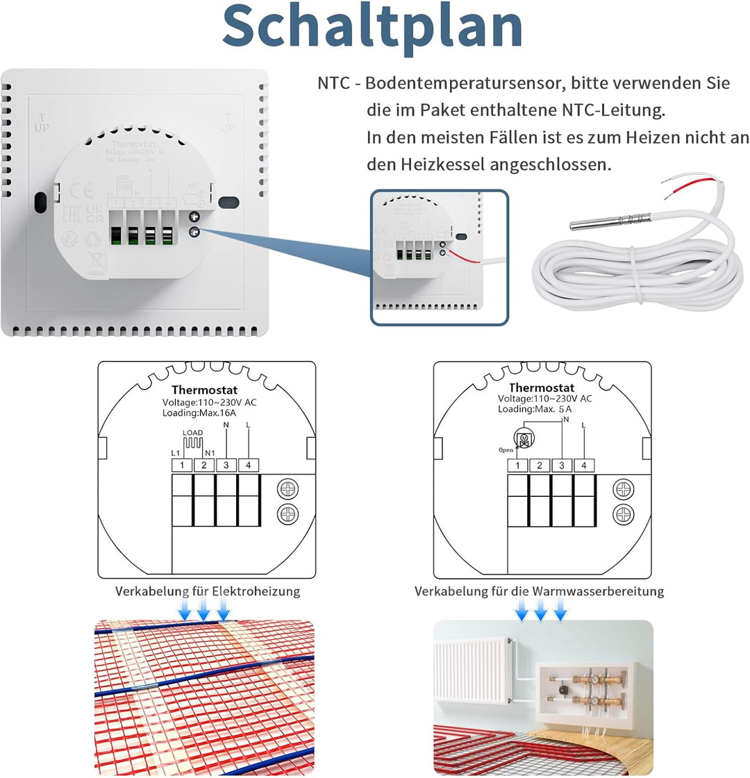 CNBINGO Smart Thermostat Unterputz mit Fühler, Digitaler Raumthermostat für Elektrische Heizung, kom