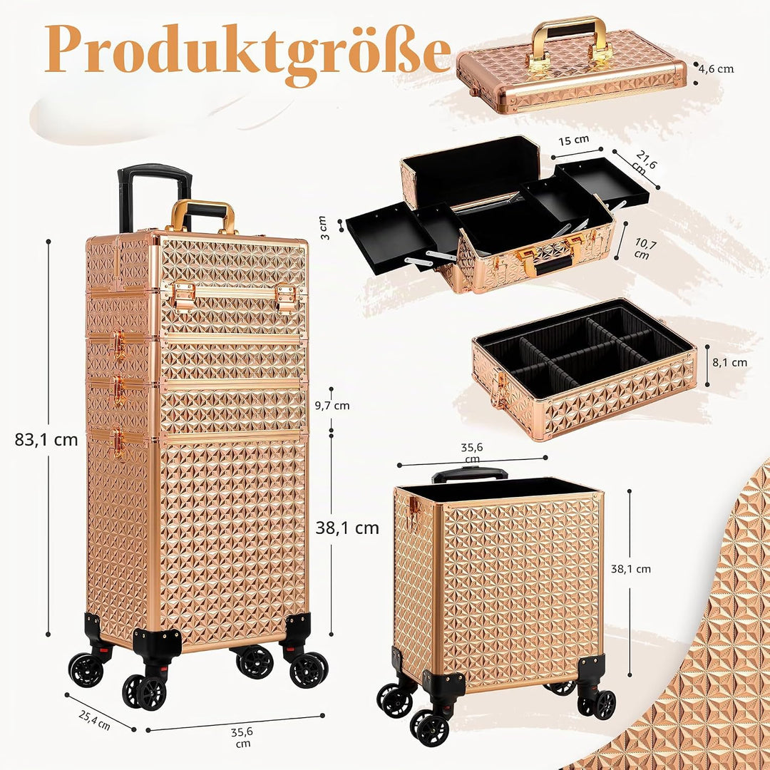 Arous 5-in-1 Profi-Kosmetikkoffer, Aluminium, mit 360° drehbaren Rädern Gold, Gold