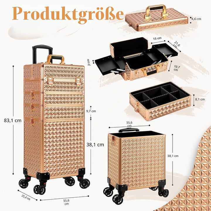Arous 5-in-1 Profi-Kosmetikkoffer, Aluminium, mit 360° drehbaren Rädern Gold, Gold