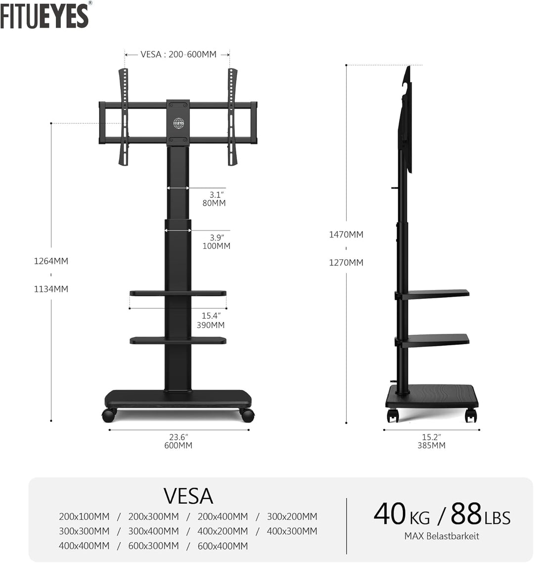 FITUEYES TV Bodenständer Rollbar mit 3 Ablagen TV Standfuss TV Ständer Fernsehstand mit Rollen höhen