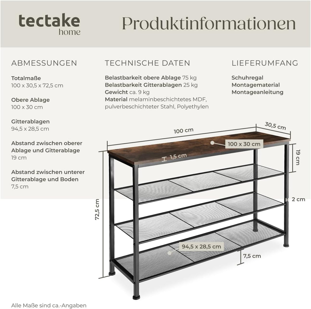 tectake 800952 Schuhregal schmal mit Ablagefläche, Schuhbank aus Holz Metall, Industrie-Design, 4 Eb