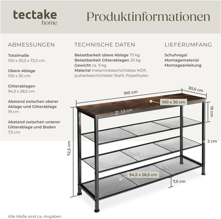 tectake 800952 Schuhregal schmal mit Ablagefläche, Schuhbank aus Holz Metall, Industrie-Design, 4 Eb
