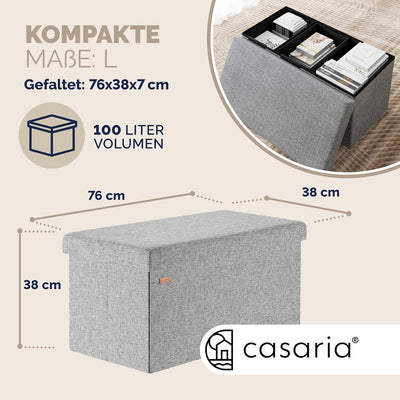 CASARIA® Sitzbank mit Stauraum 80x40x40cm Grau Faltbar Modern Gepolstert Deckel Stoff Stabil 100L Fl