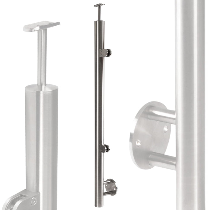 Edelstahl Geländerpfosten Mittel- oder Endpfosten mit Glashalter und Handlauf-Träger - 42,4mm - Wang