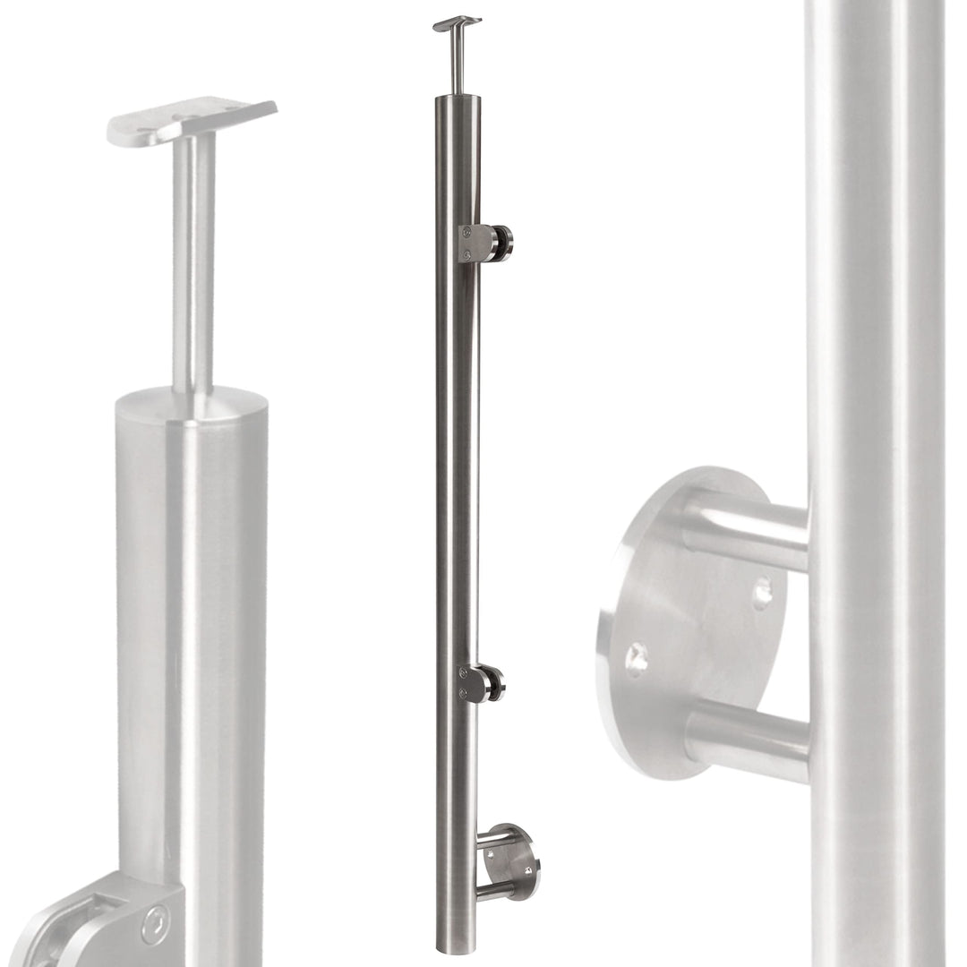 Edelstahl Geländerpfosten Mittel- oder Endpfosten mit Glashalter und Handlauf-Träger - 42,4mm - Wang