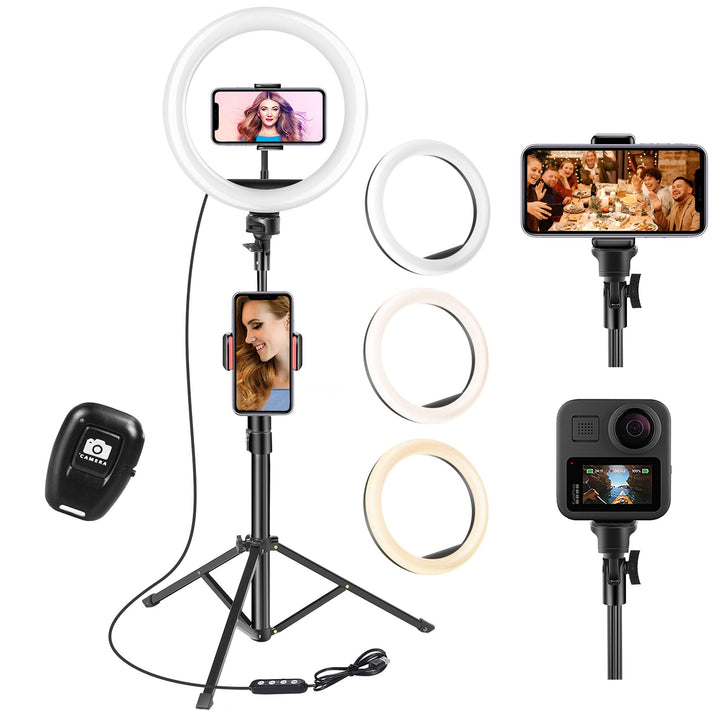 UPhitnis Ringlicht mit Stativ, 10 Zoll Ringlicht mit 63 Zoll Stativ Selfie Ringleuchte mit 3 Farbe u