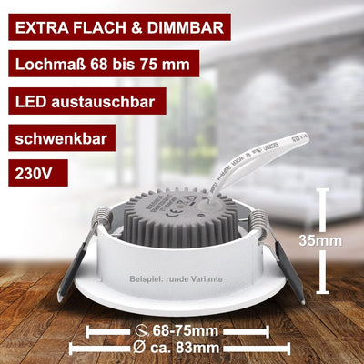 trendlights24 Bianco LED Einbaustrahler 230V Weiss matt eckig dimmbar, 3er Set ultra flach 35 mm Spo