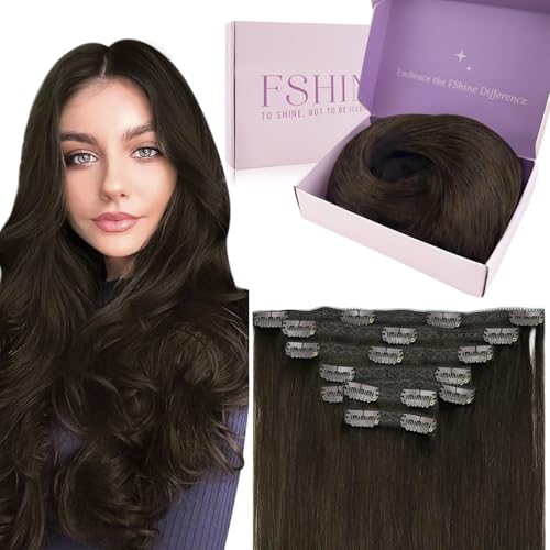 Fshine Echthaar Extensions Clip 45cm Dunkelstes Braun 120 Gramm Doppelt Tressen Haarverlängerung Rem