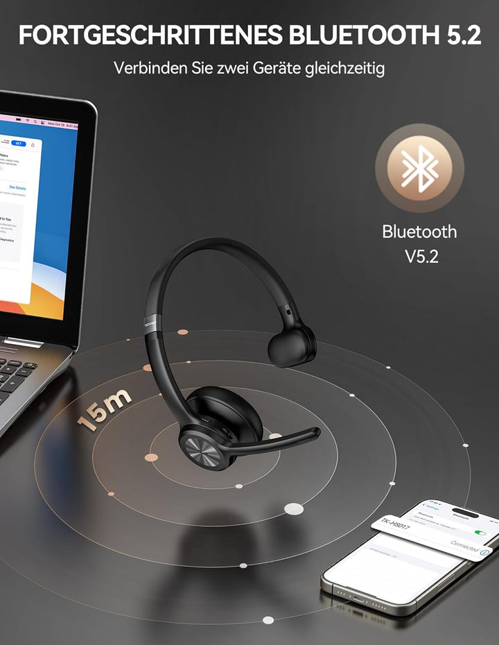 TECKNET Bluetooth Headset mit Mikrofon, Kabelloses Headset mit BT5.2 Technologie, Kopfhörer Kabellos