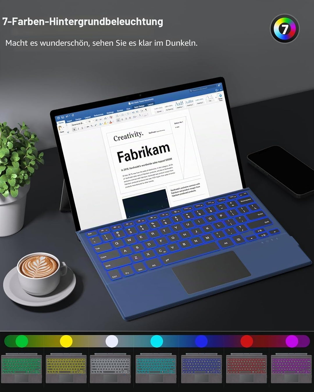 MoKo für Surface Pro 7 Tastatur mit Touchpad, Kompatibel mit Surface Pro 7+/7/6/5/4/3, 7-Farbiger Hi