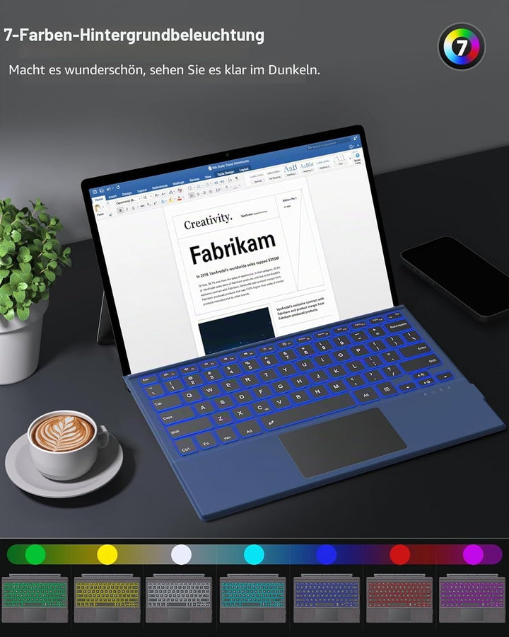 MoKo für Surface Pro 7 Tastatur mit Touchpad, Kompatibel mit Surface Pro 7+/7/6/5/4/3, 7-Farbiger Hi