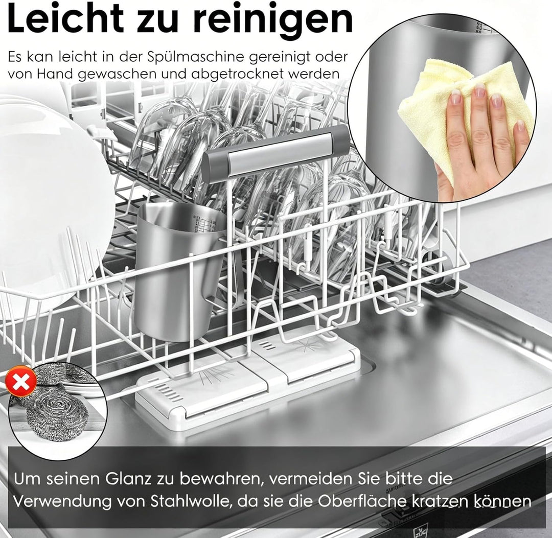 Messbecher Edelstahl 2000ml mit Feinskala Griff Milchkännchen Edelstahl mit Anti-Tropf-Ausguss BPA-f