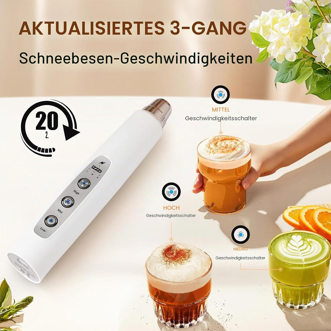 YUSWKO Milchaufschäumer Stab für Kaffee, Usb Wiederaufladbarer Aufschäumer, 3 Schneebesen-Köpfe 3 Ge