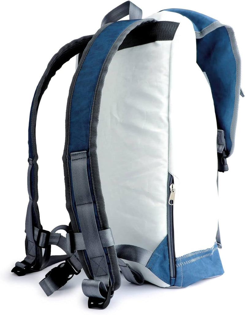 360° Grad Rucksack Landgang gross aus Segeltuch, Segel weiss-blau, Zahl hellgrau Gurt grau