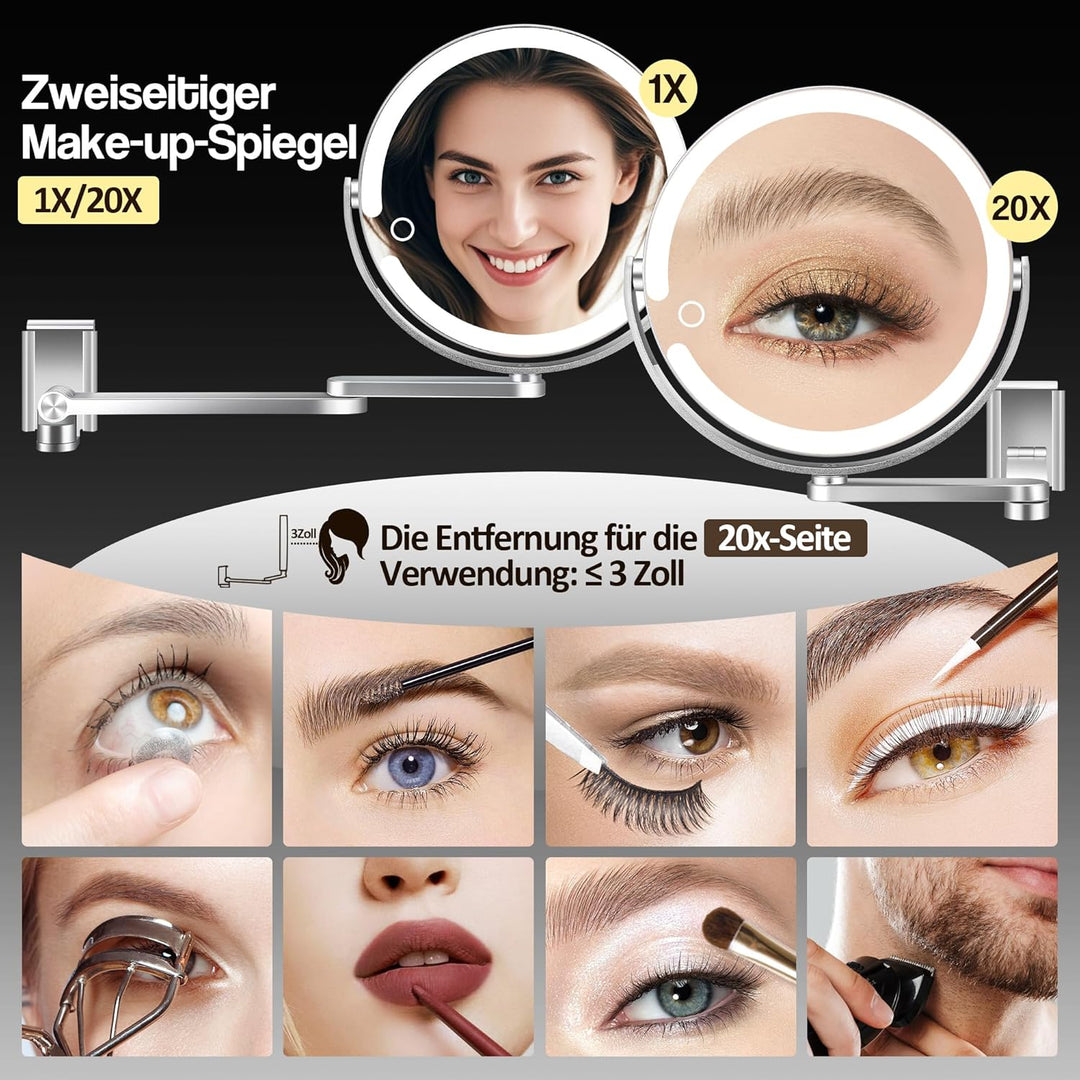 Wandmontierter Make-up-Spiegel, Vergrösserungsspiegel mit Licht, 20X/1X doppelseitig, höhenverstellb