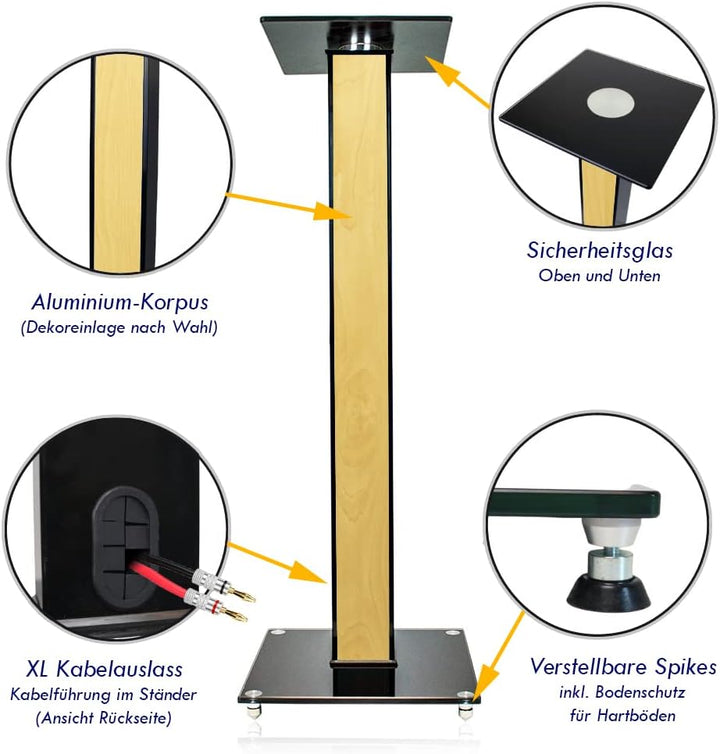 minify BS03 Exklusive Boxenständer in schwarzem Hochglanz mit Dekoreinlage -Ahorn-, Ahorn