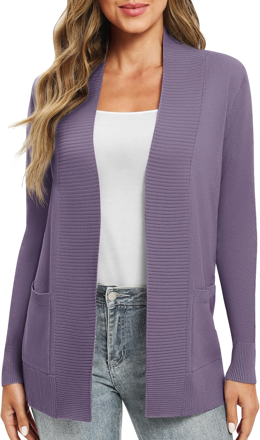 EXCHIC Damen Lange Ärmel Gestrickt Strickjacke Leicht Gemütlich Offene Vorderseite Lange Freizeitjac