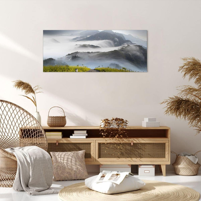 Wandbilder Dekoration Wohnzimmer Berg Nebel Landschaft Morgen Panorama Bilder auf Leinwand 120x50cm