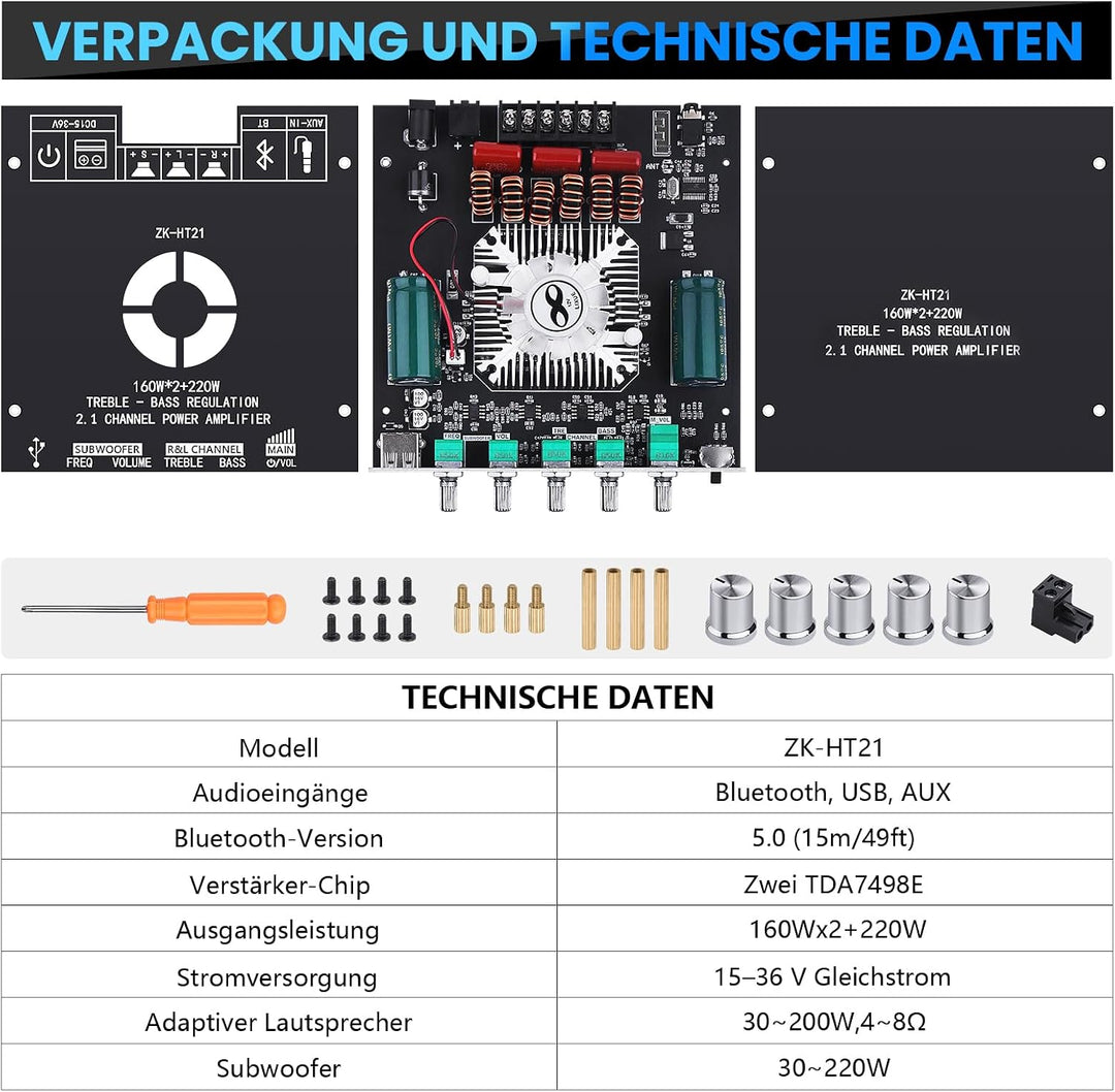 HiFi-Verstärker mit Bluetooth, ZK-HT21 2.1 Kanal 160W x 2+220W Subwoofer Stereo-Mini-Audio-Leistungs