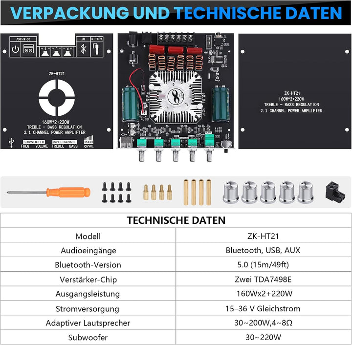 HiFi-Verstärker mit Bluetooth, ZK-HT21 2.1 Kanal 160W x 2+220W Subwoofer Stereo-Mini-Audio-Leistungs