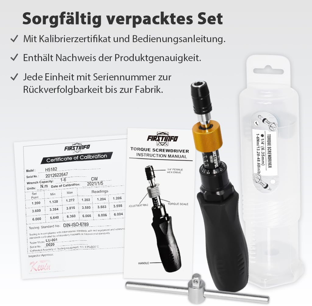 FIRSTINFO H5182 | 1/4 Zoll | 1-6 Nm, 13.28-48.68 in-lbs | Drehmomentschraubendreher | mit Rapidaptor