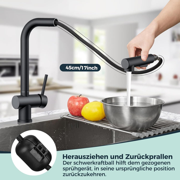 FORIOUS Küchenarmatur Schwarz, Wasserhahn Armatur Küche Ausziehbar Brause Edelstahl, Einhebel Mischb