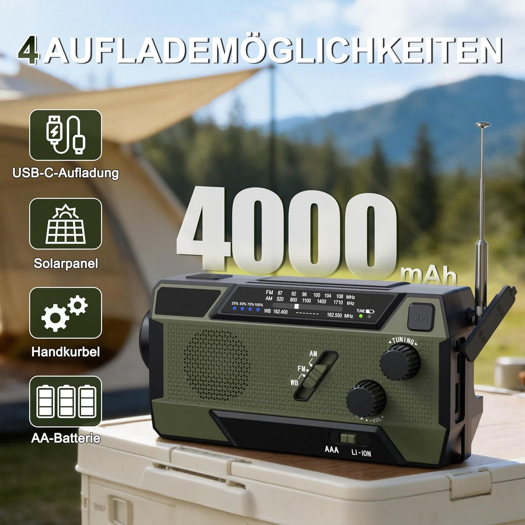 Kurbelradio Notfall Weltempfänger 4000 mAh (14800 mWh) mit 3 integrierten Kabeln Notfallradio mit ku