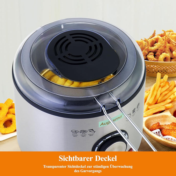 Augosma Mini Fritteuse Mit öl | 850-950W l Kapazität: 1 Liter l Sichtfenster l Frittierkorb aus Edel