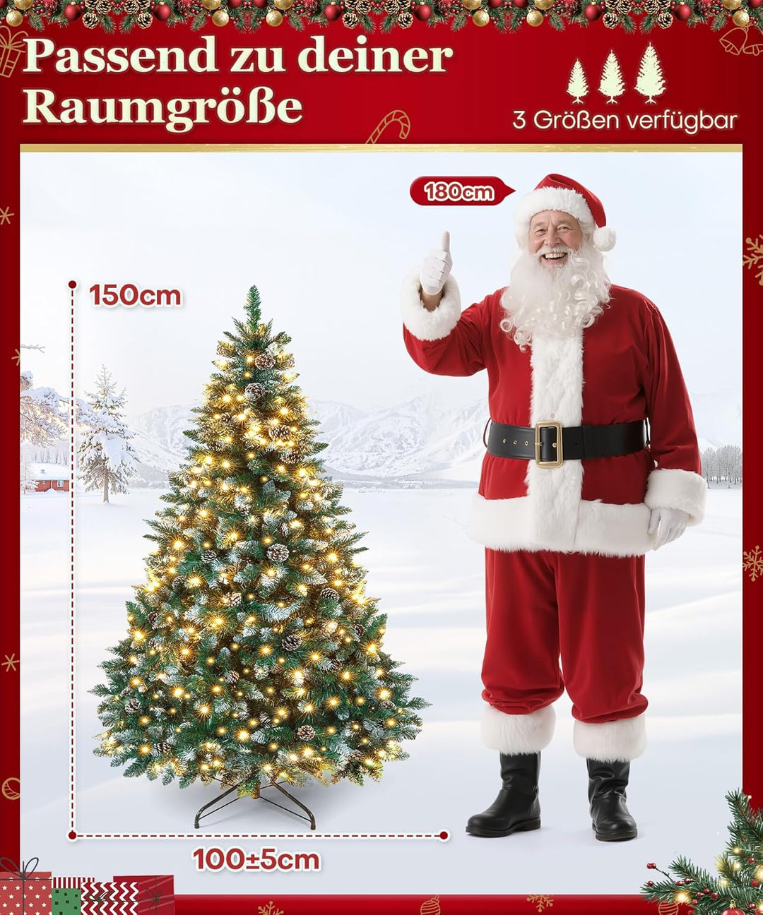 Yorbay künstlicher Weihnachtsbaum mit Beleuchtung und weissem Schnee, LED Tannenbaum für Weihnachten