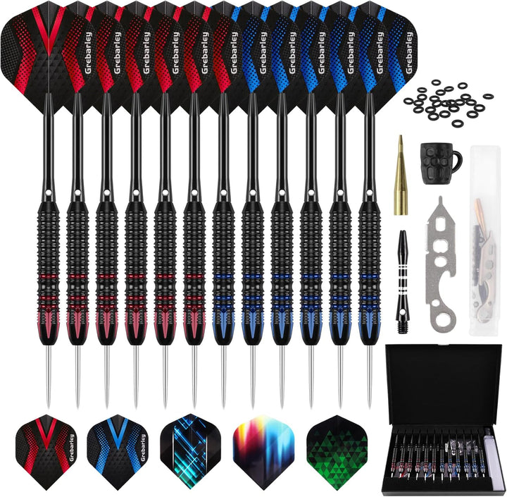 Grebarley Dartpfeile mit Metallspitze,12 Stück Profi Steeldarts 18 Aluminium Schaft mit 9 Flights 20