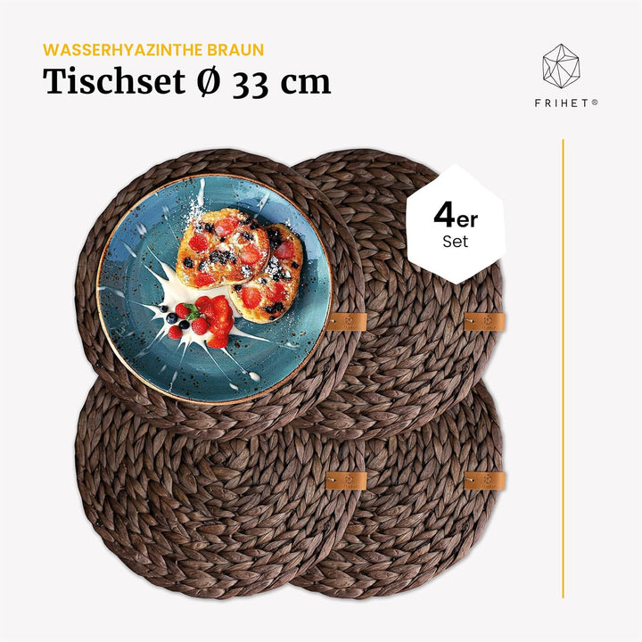 FRIHET® Tischset Oslo Set Rund Wasserhyazinthe Natur - (4, 33cm braun) 4 33cm braun, 4 33cm braun