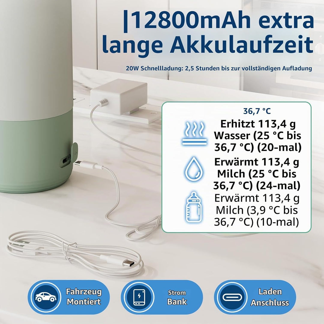 Tragbarer Flaschenwärmer Baby,Mobiler Wasserwärmer 500Ml Tragbarer Milchwärmer Präzise Temperaturreg