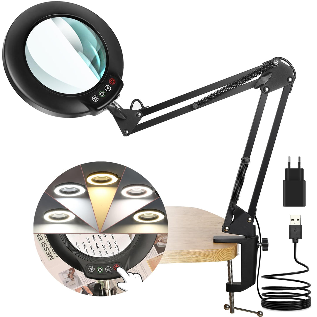 Veemagni 10X Lupe mit Licht, 5 Farbmodi Stufenlos Dimmbar, Verstellbarer Schwenkarm LED Beleuchtete