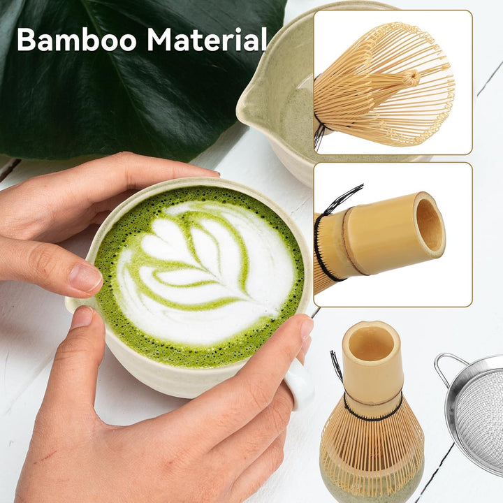 Premium Matcha Tee Set mit Bambusbesen, Keramikschale, Schaufel & Halter - Komplettes Set für Tradit