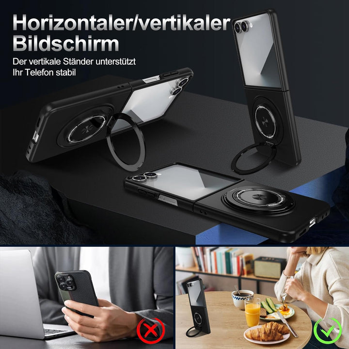 Handyhülle für Samsung Galaxy Z Flip 7 Hülle mit Schutzfolie, 360 Grad Magnetisch Metall Ring Stände