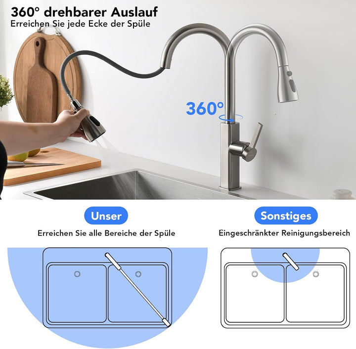 Wasserhahn Küche Ausziehbar, 2 Wasserauslauf Modi, Chrom