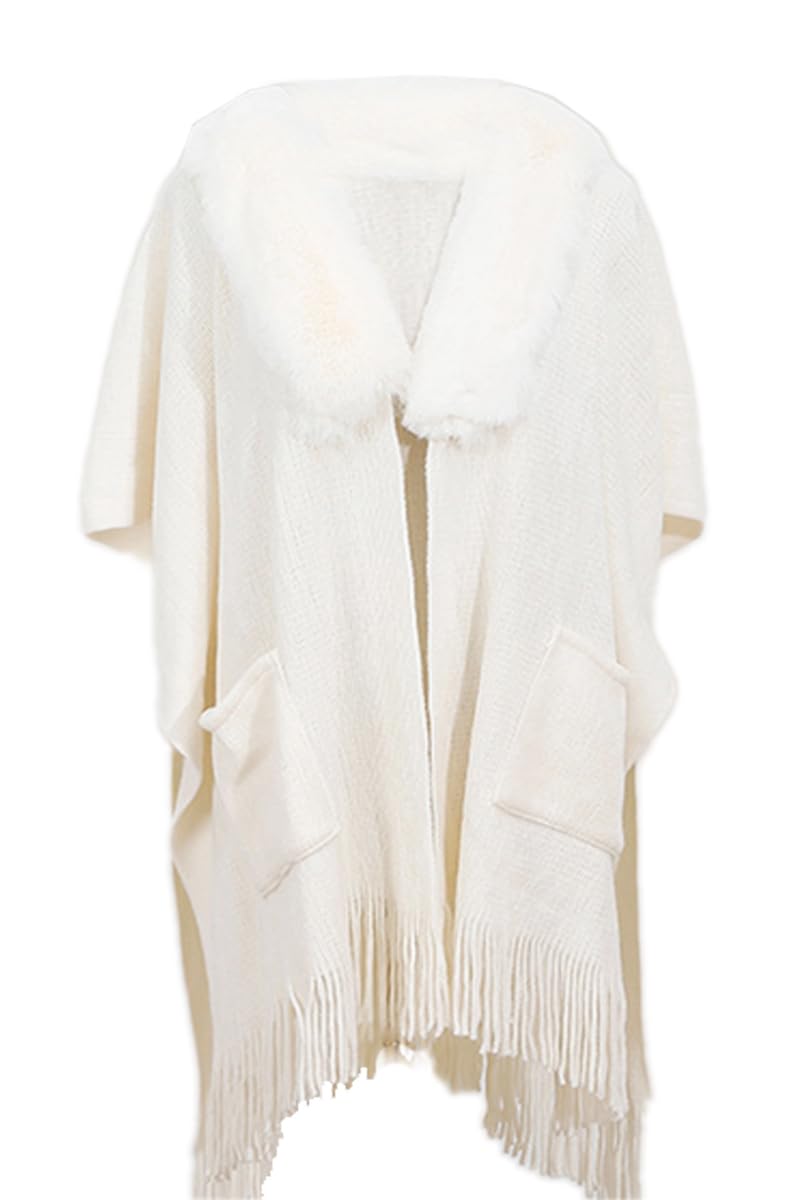 Rayson Poncho Damen Vintage Schal Wrap Schal Mit Plüschausschnitt Und Seitentaschen Open Front Ponch
